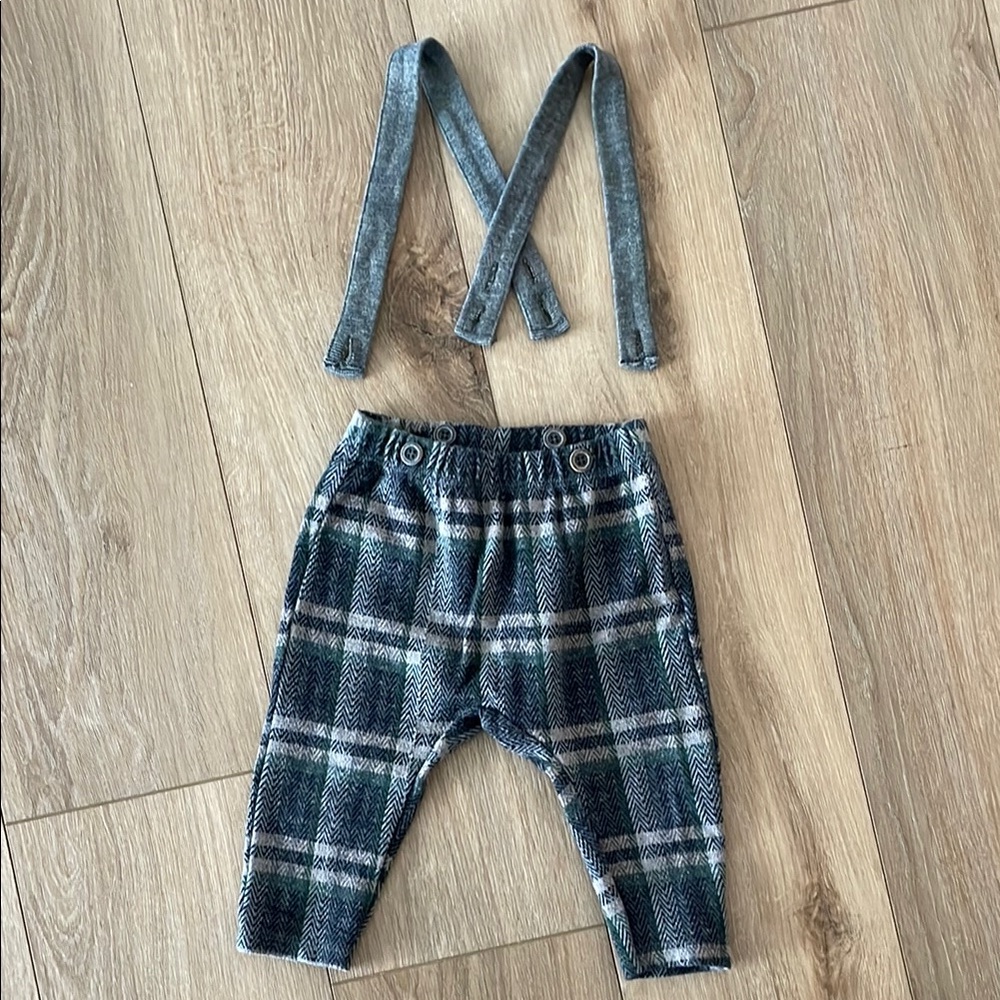 Zara baby tartan Plaid Kids Bottoms with Suspenders - Blue
